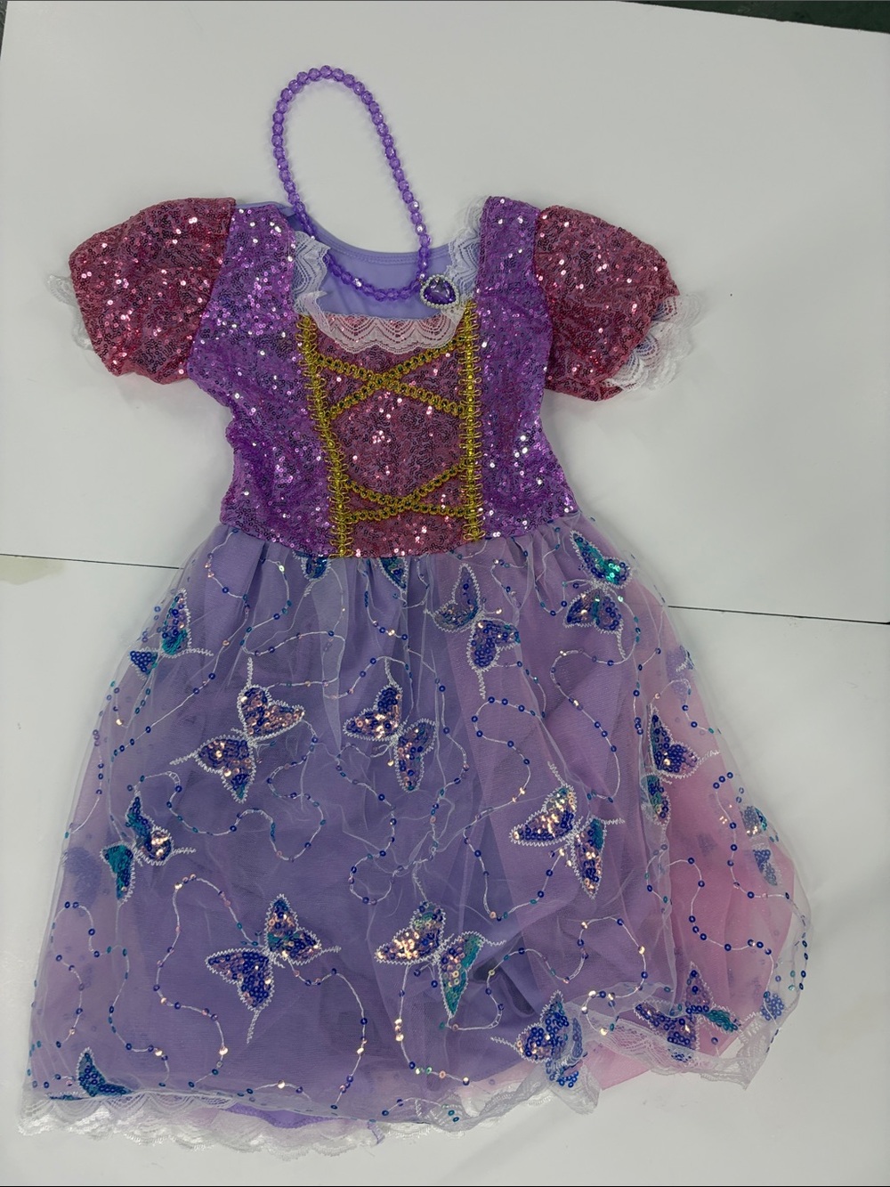 Rapunzel - Purple Butterfly Sparkle Kids Costume Dress with Beaded Necklace